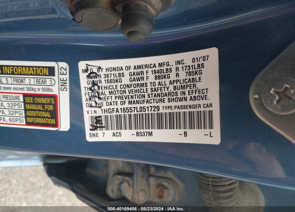 2007 HONDA CIVIC LX VIN: 1HGFA16557L051729