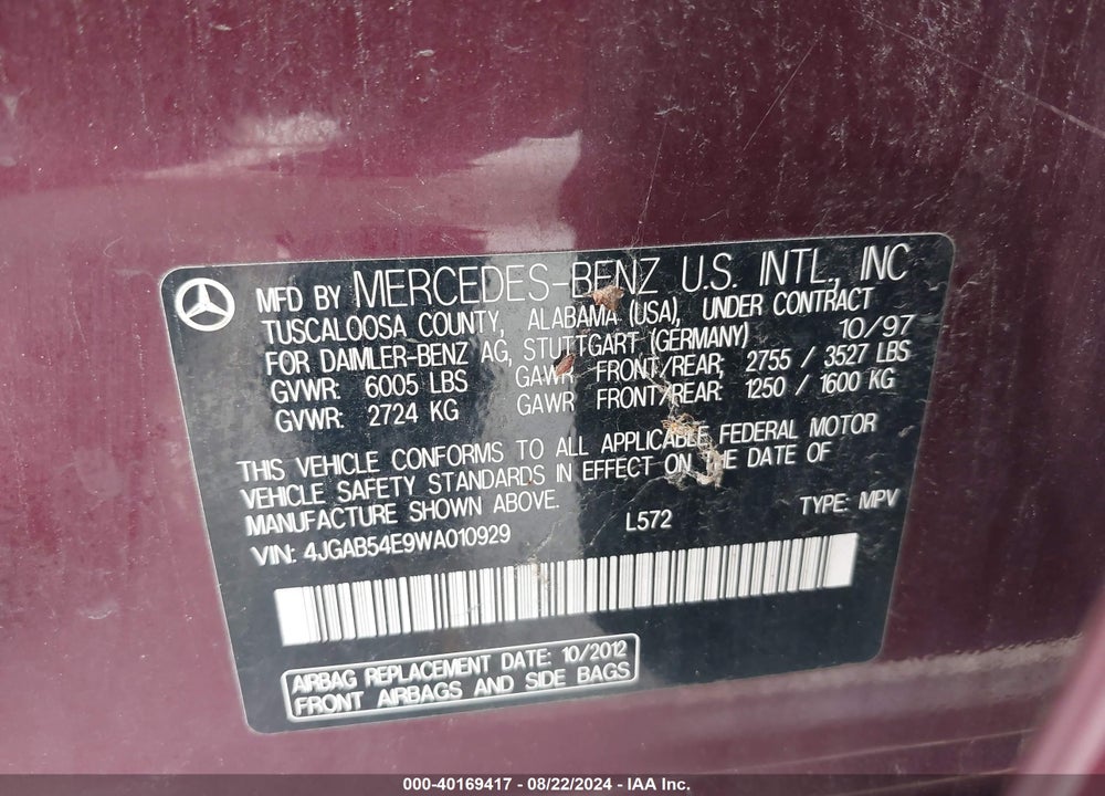 1998 MERCEDES-BENZ ML 320 CLASSIC VIN: 4JGAB54E9WA010929