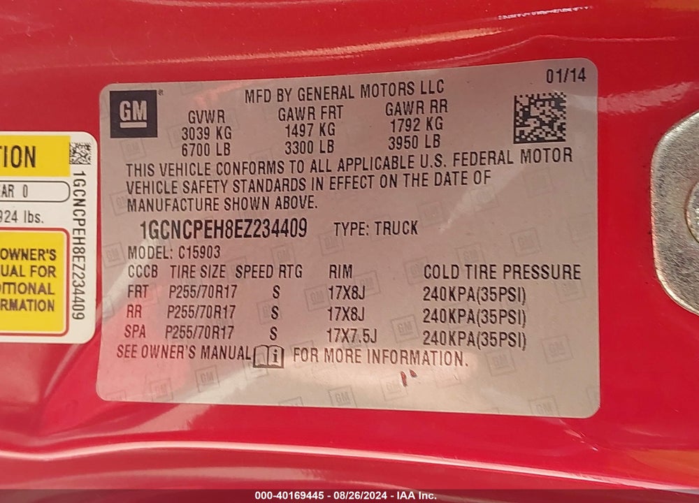 2014 CHEVROLET SILVERADO 1500 VIN: 1GCNCPEH8EZ234409