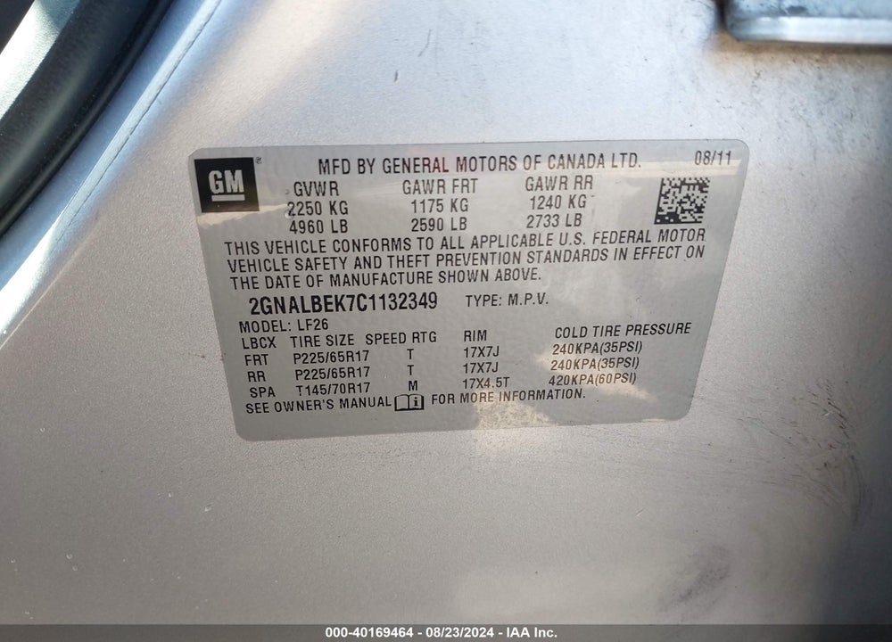 2012 CHEVROLET EQUINOX LS VIN: 2GNALBEK7C1132349