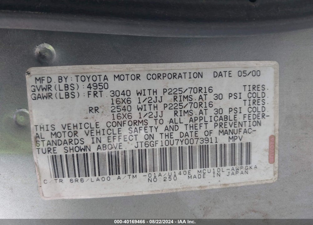 2000 LEXUS RX 300 VIN: JT6GF10U7Y0073911