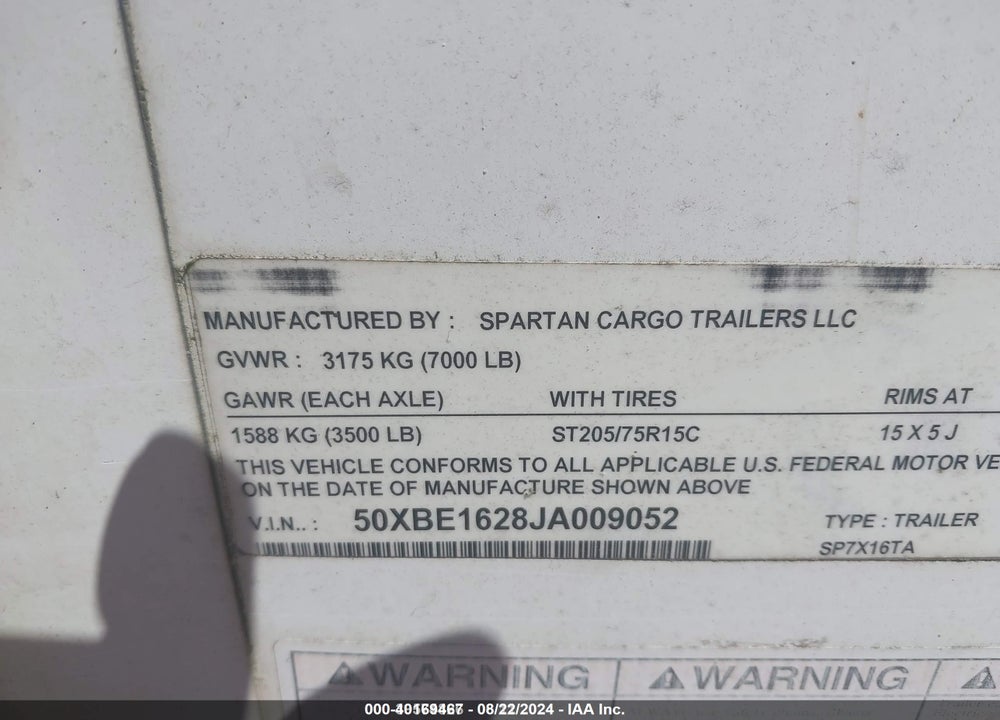 2018 SPARTAN CARFO ENCLOSED TRAILER VIN: 50XBE1628JA009052