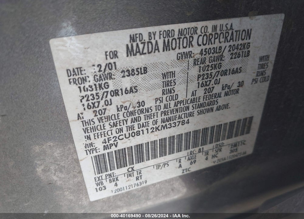 2002 MAZDA TRIBUTE ES V6/LX V6 VIN: 4F2CU08112KM33784