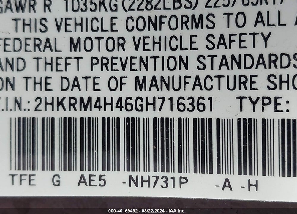2016 HONDA CR-V SE VIN: 2HKRM4H46GH716361