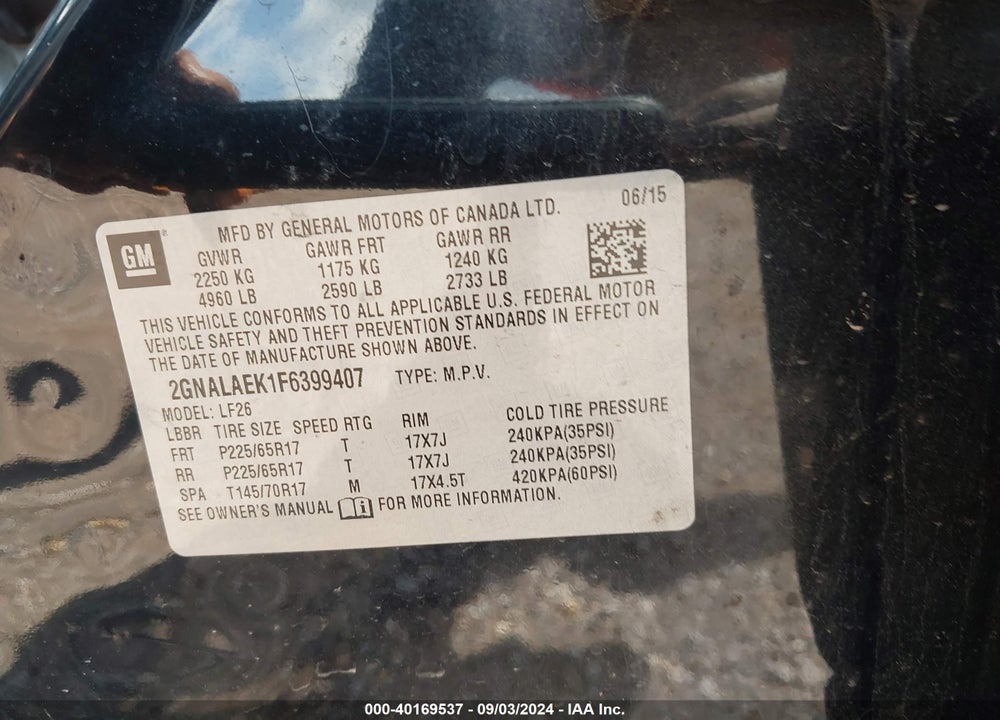 2015 CHEVROLET EQUINOX LS VIN: 2GNALAEK1F6399407