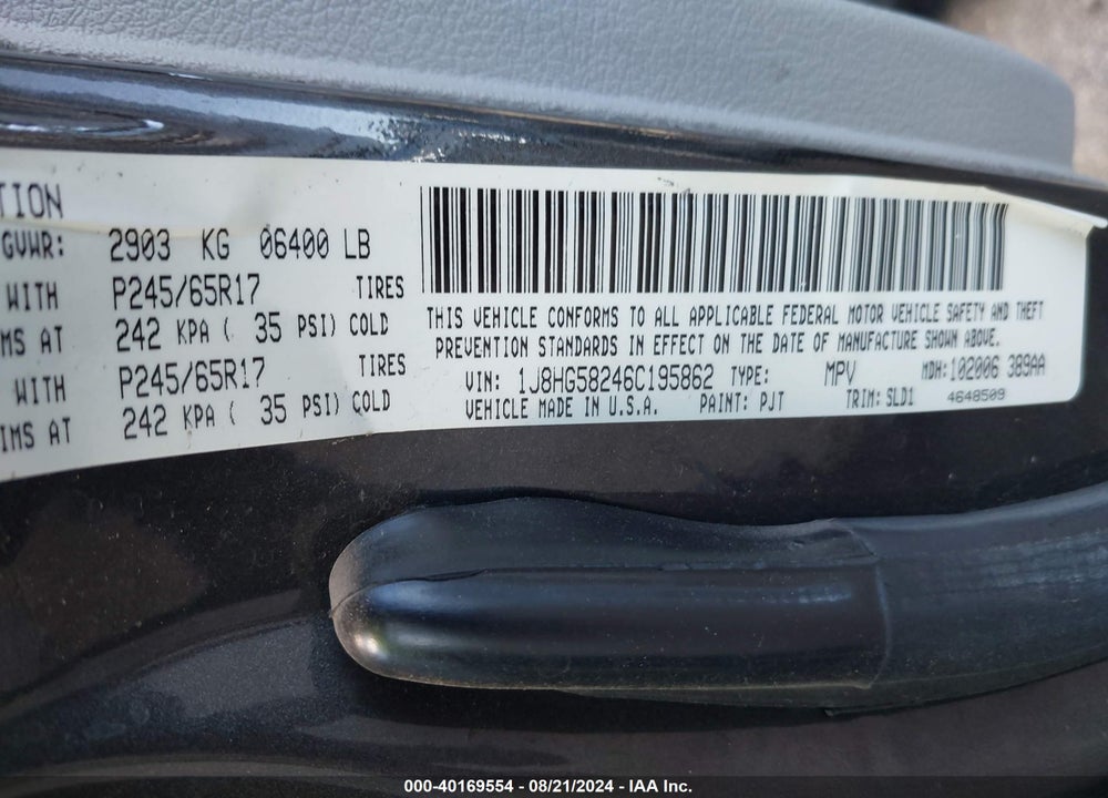 2006 JEEP COMMANDER LIMITED VIN: 1J8HG58246C195862