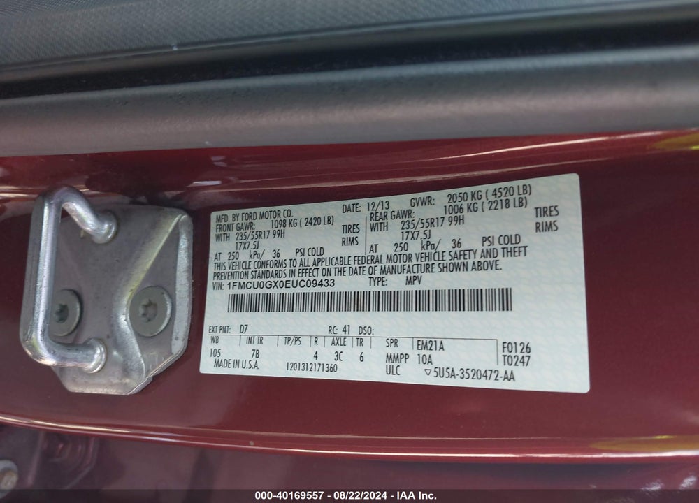 2014 FORD ESCAPE SE VIN: 1FMCU0GX0EUC09433