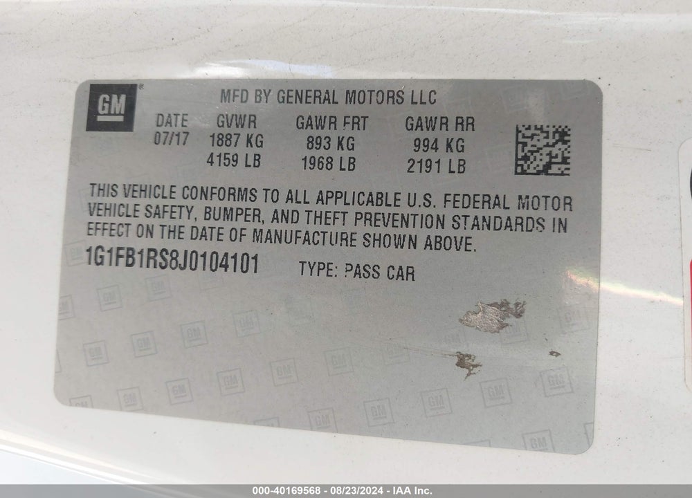 2018 CHEVROLET CAMARO 1LT VIN: 1G1FB1RS8J0104101