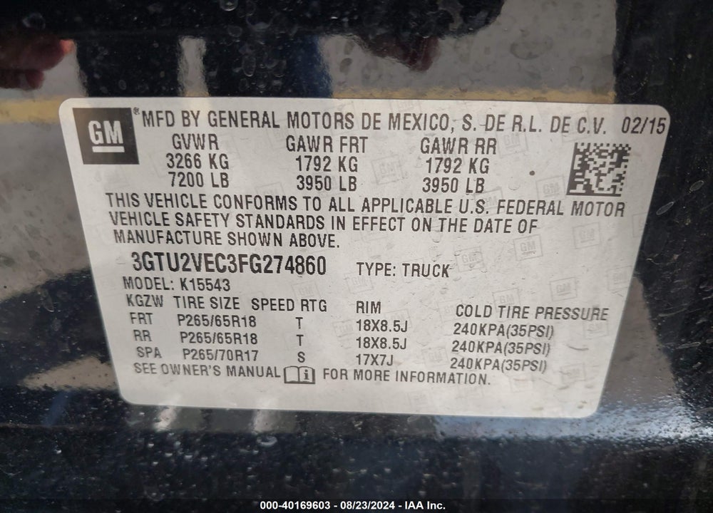 2015 GMC SIERRA 1500 SLT VIN: 3GTU2VEC3FG274860