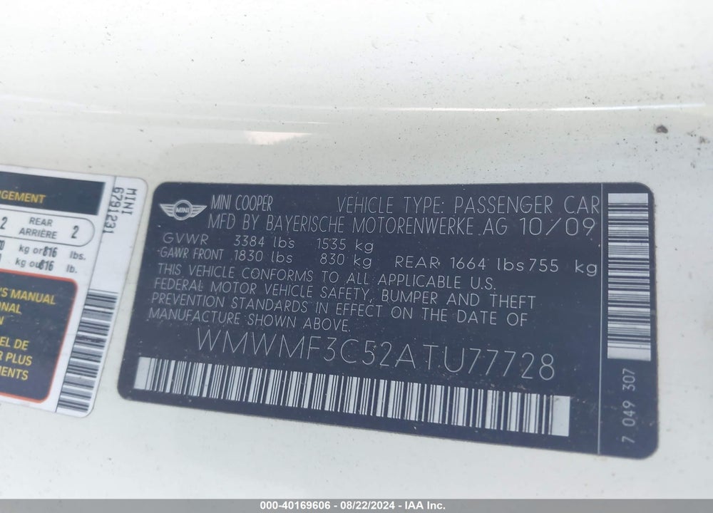 2010 MINI COOPER VIN: WMWMF3C52ATU77728