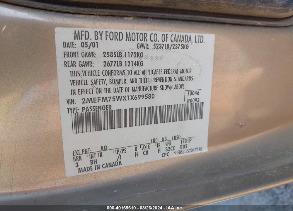2001 MERCURY GRAND MARQUIS VIN: 2MEFM75WX1X699580