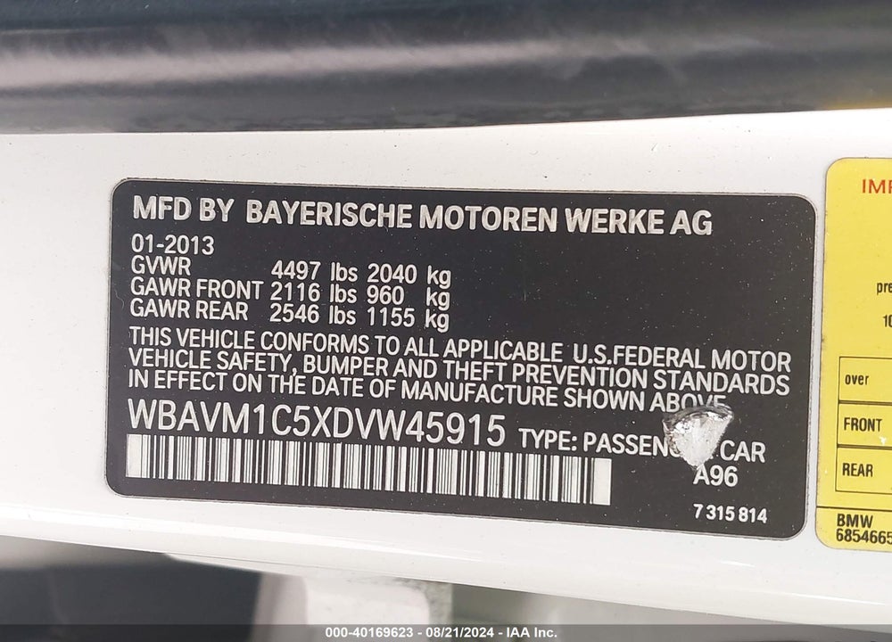 2013 BMW X1 SDRIVE28I VIN: WBAVM1C5XDVW45915