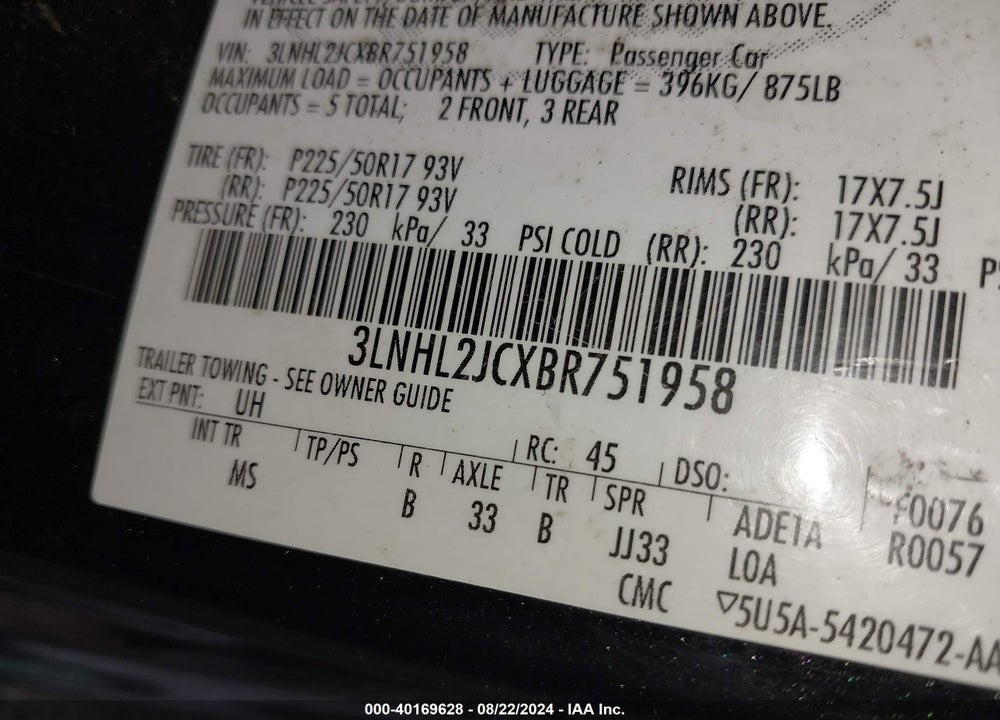 2011 LINCOLN MKZ VIN: 3LNHL2JCXBR751958