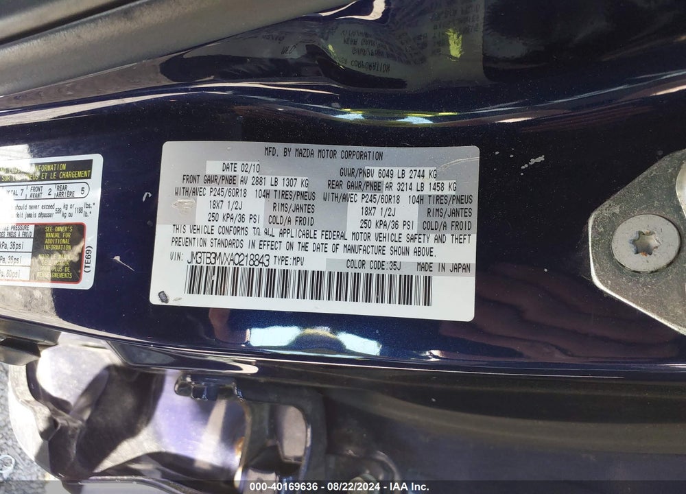 2010 MAZDA CX-9 SPORT VIN: JM3TB3MVXA0218843
