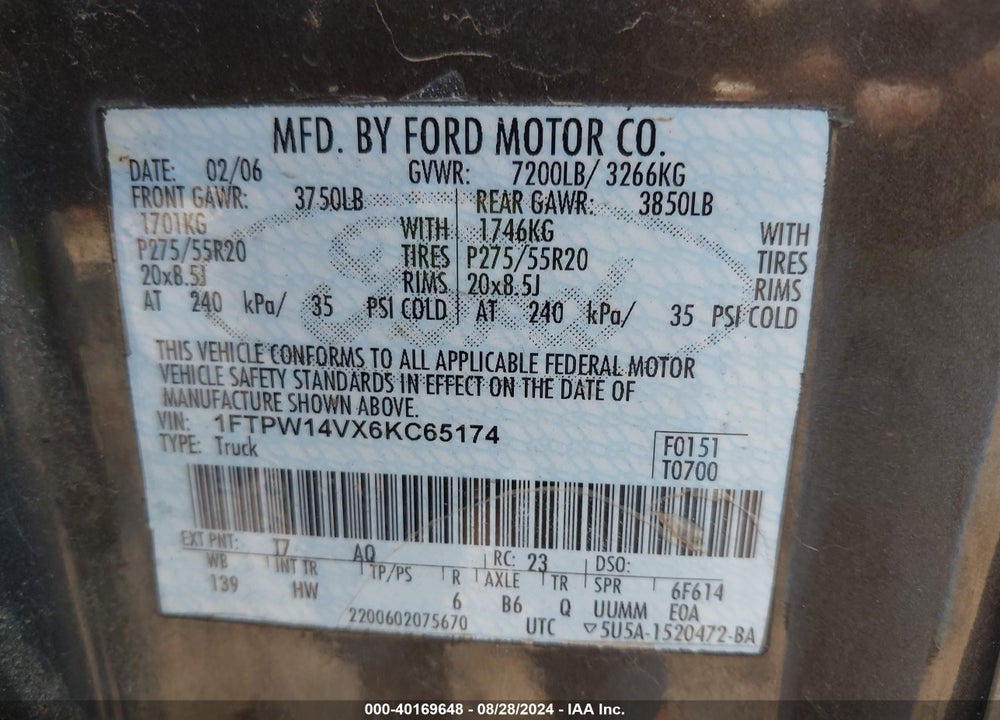 2006 FORD F-150 FX4/LARIAT/XLT VIN: 1FTPW14VX6KC65174