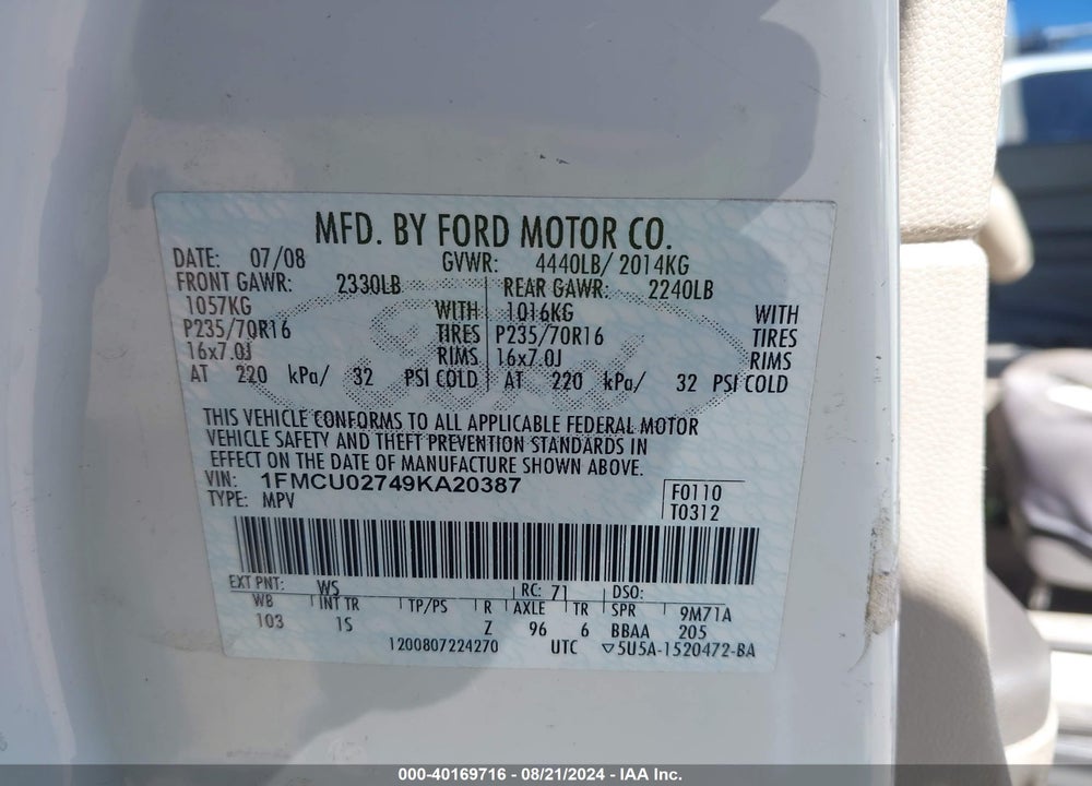 2009 FORD ESCAPE XLS VIN: 1FMCU02749KA20387