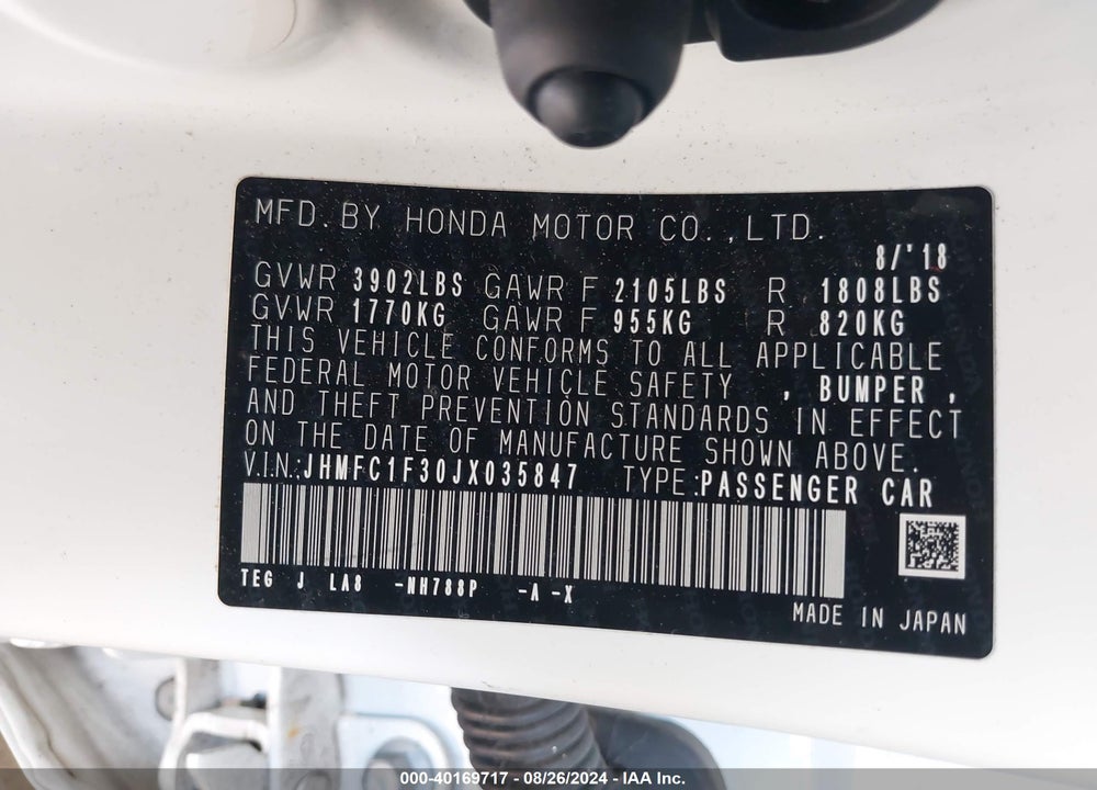 2018 HONDA CIVIC EX-T VIN: JHMFC1F30JX035847