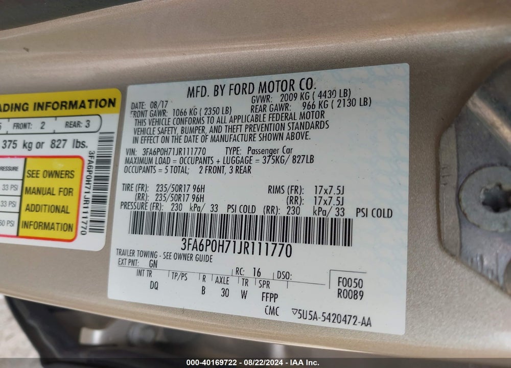2018 FORD FUSION SE VIN: 3FA6P0H71JR111770