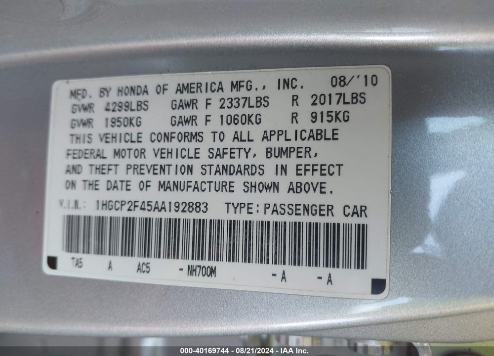 2010 HONDA ACCORD 2.4 LX-P VIN: 1HGCP2F45AA192883