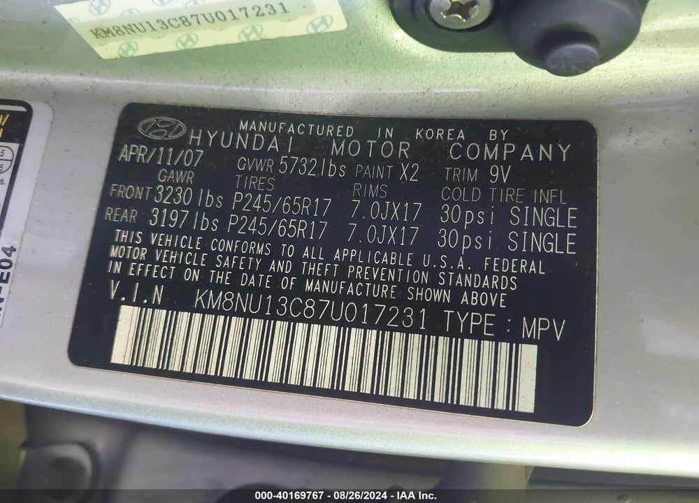 2007 HYUNDAI VERACRUZ GLS/LIMITED/SE VIN: KM8NU13C87U017231
