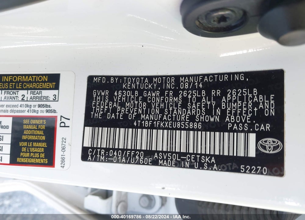 2014 TOYOTA CAMRY VIN: 4T1BF1FKXEU855886