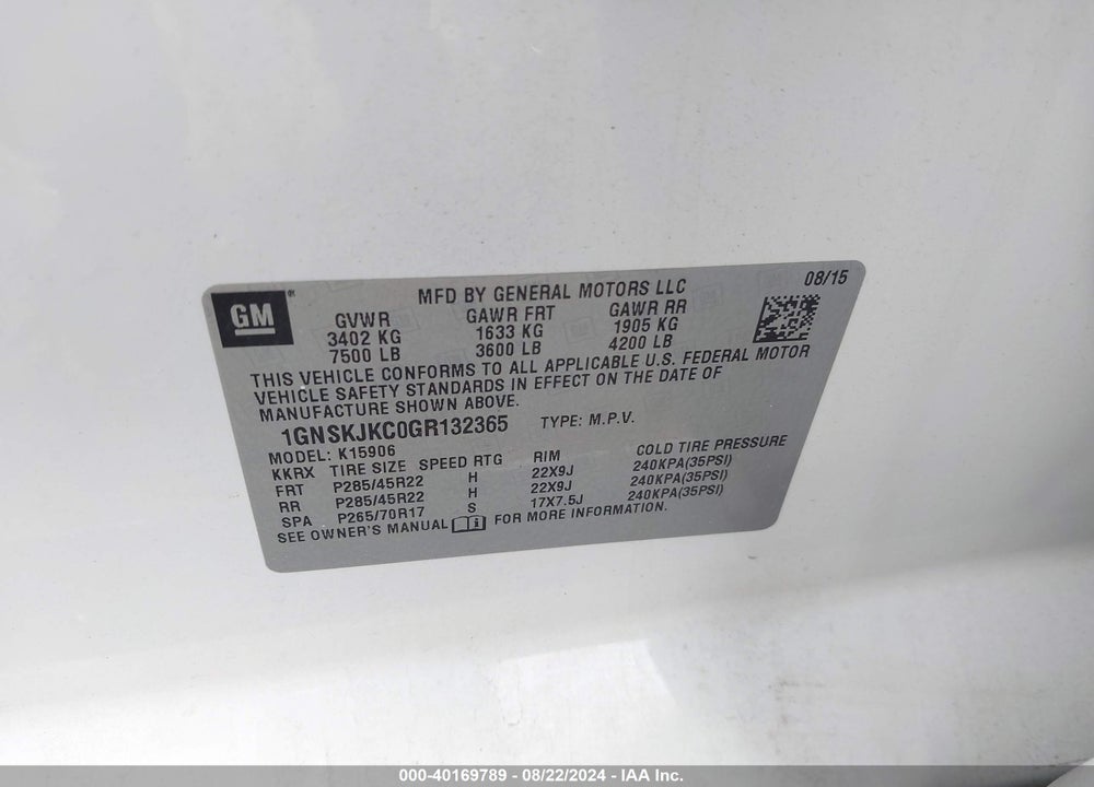 2016 CHEVROLET SUBURBAN LTZ VIN: 1GNSKJKC0GR132365