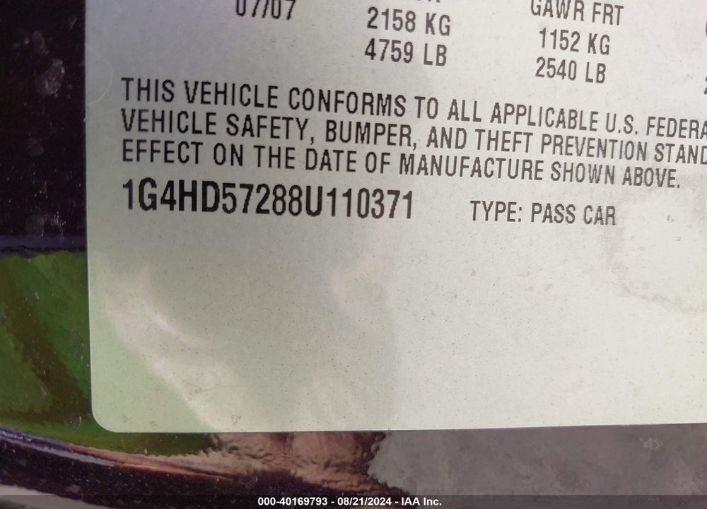 2008 BUICK LUCERNE CXL VIN: 1G4HD57288U110371
