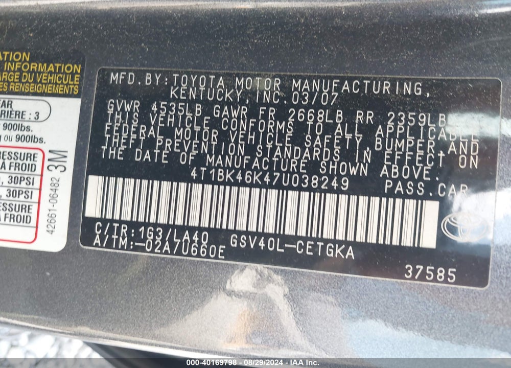 2007 TOYOTA CAMRY XLE V6 VIN: 4T1BK46K47U038249