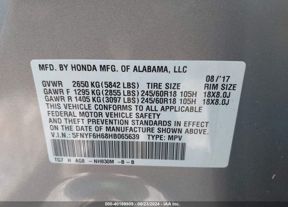2017 HONDA PILOT EX-L VIN: 5FNYF6H68HB065639