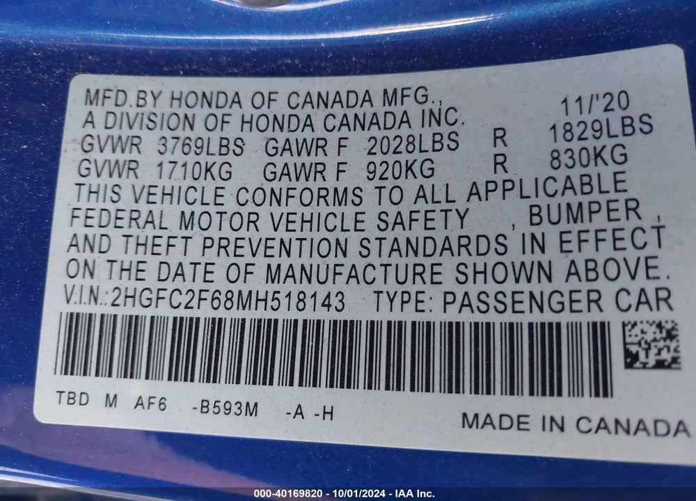 2021 HONDA CIVIC LX VIN: 2HGFC2F68MH518143