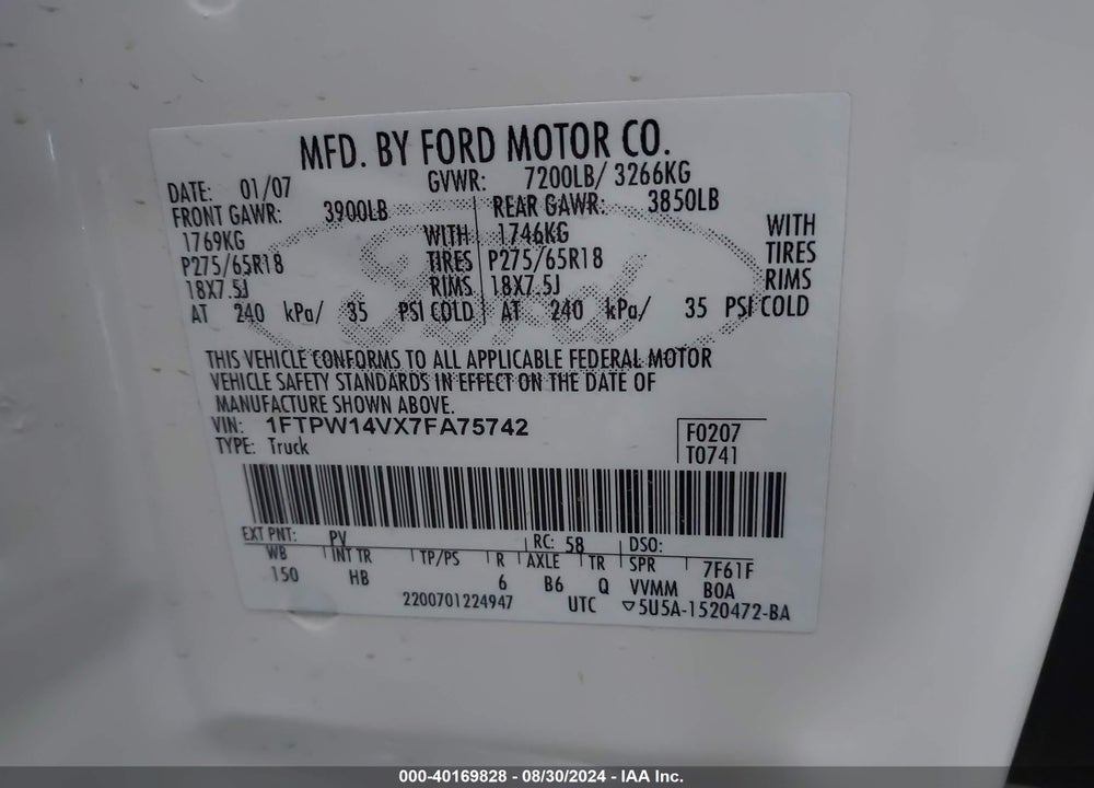 2007 FORD F-150 FX4/LARIAT/XLT VIN: 1FTPW14VX7FA75742