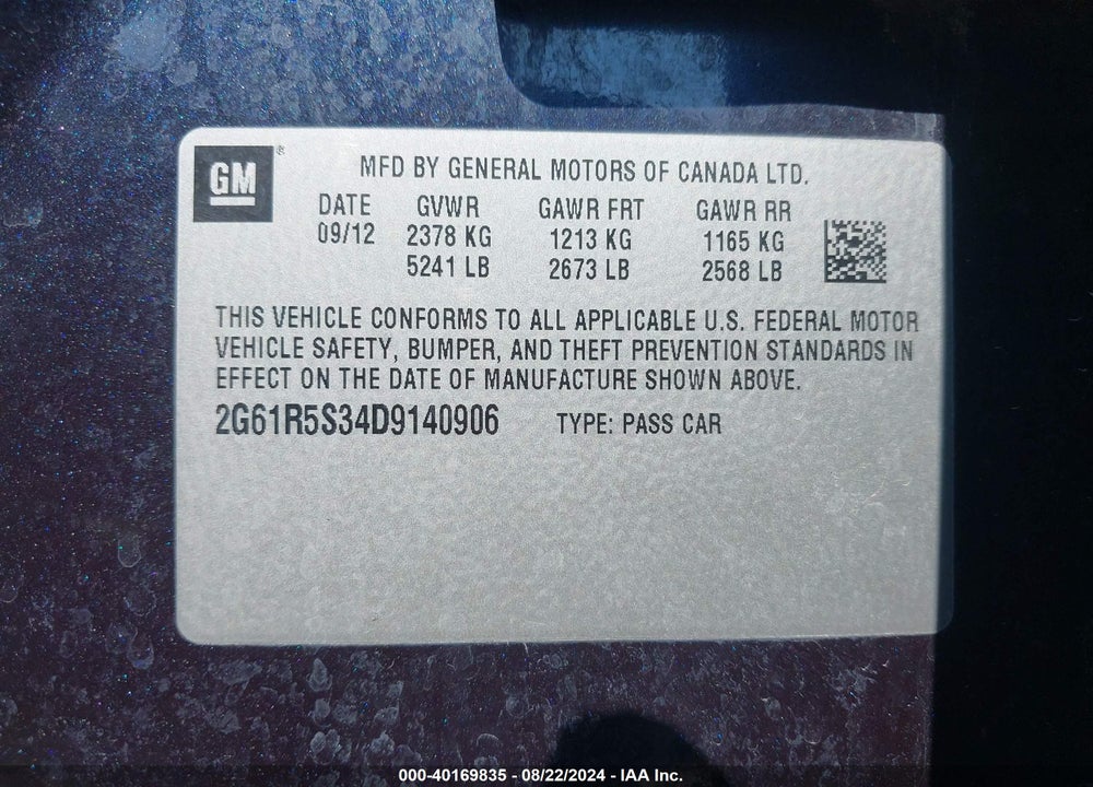 2013 CADILLAC XTS LUXURY VIN: 2G61R5S34D9140906