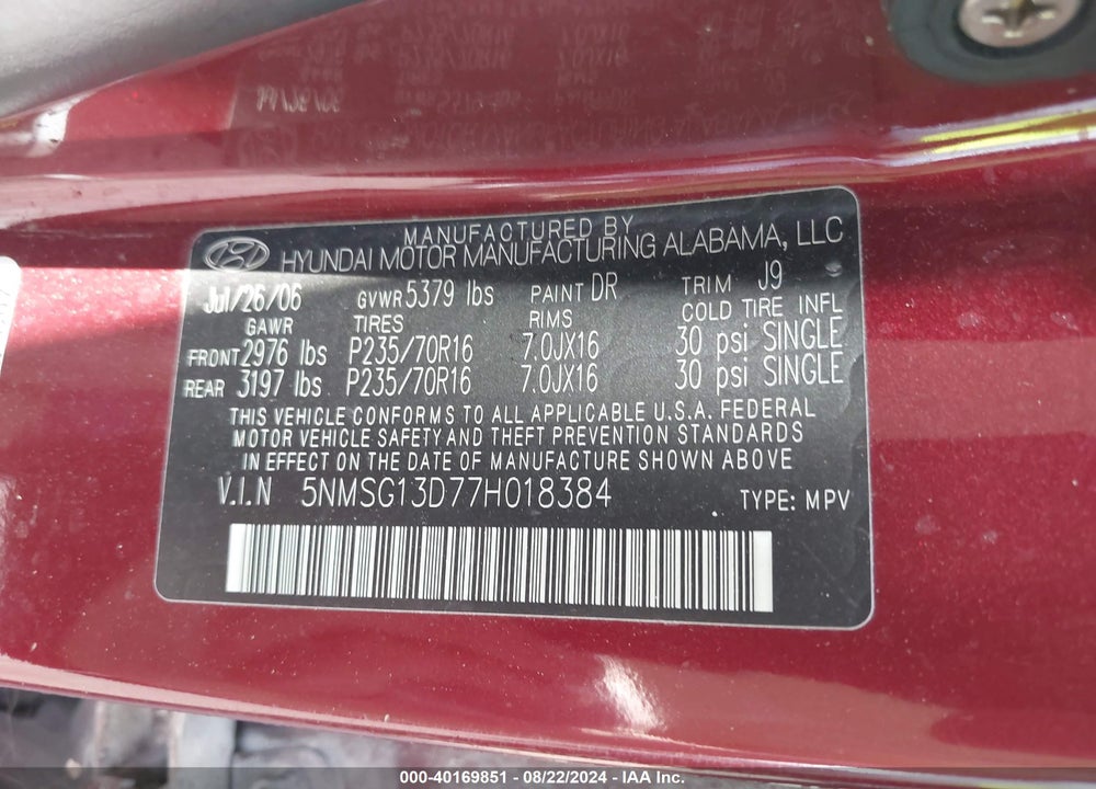 2007 HYUNDAI SANTA FE GLS VIN: 5NMSG13D77H018384