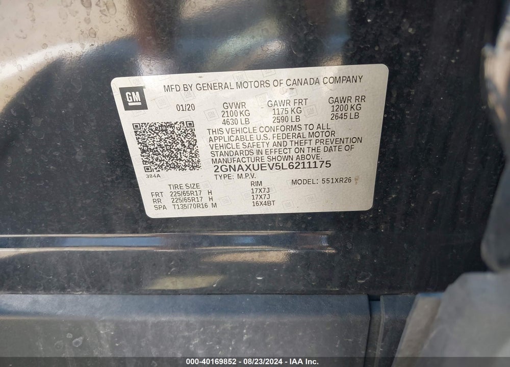 2020 CHEVROLET EQUINOX AWD LT 1.5L TURBO VIN: 2GNAXUEV5L6211175