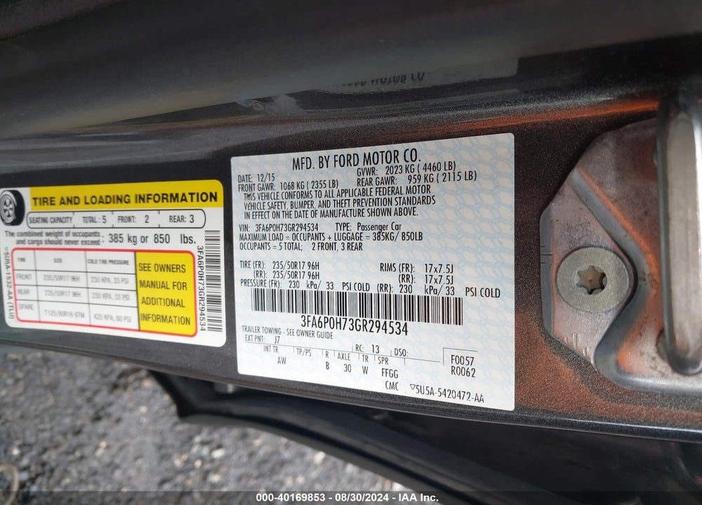 2016 FORD FUSION SE VIN: 3FA6P0H73GR294534