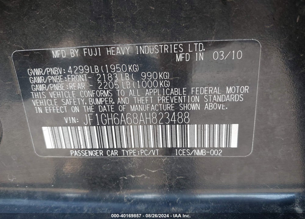 2010 SUBARU IMPREZA 2.5I VIN: JF1GH6A68AH823488