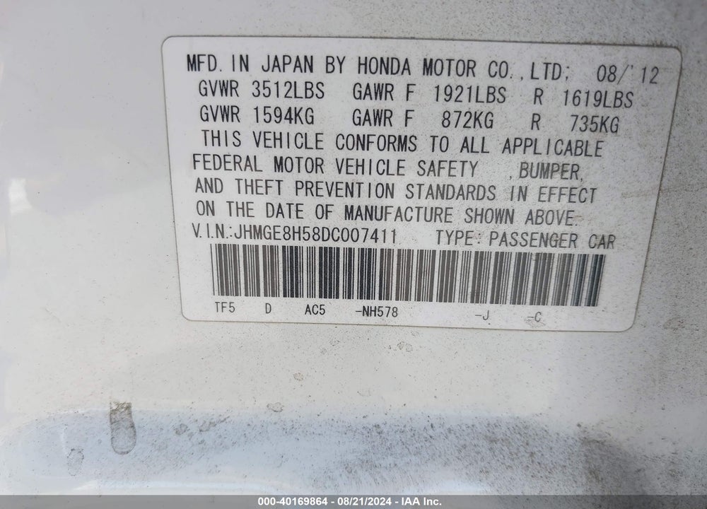 2013 HONDA FIT SPORT VIN: JHMGE8H58DC007411