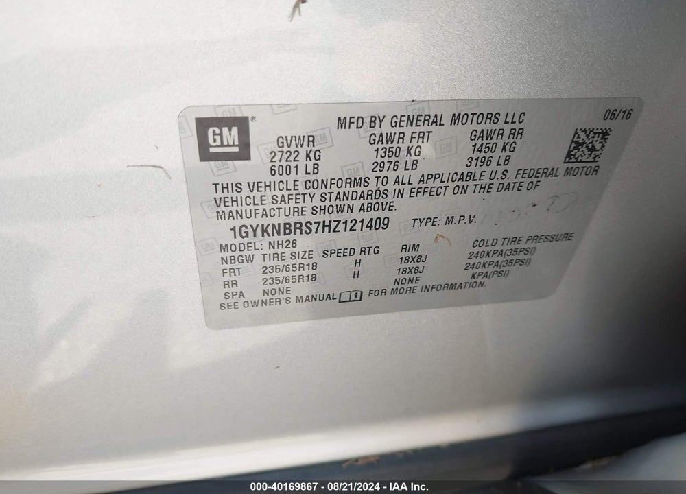 2017 CADILLAC XT5 LUXURY VIN: 1GYKNBRS7HZ121409