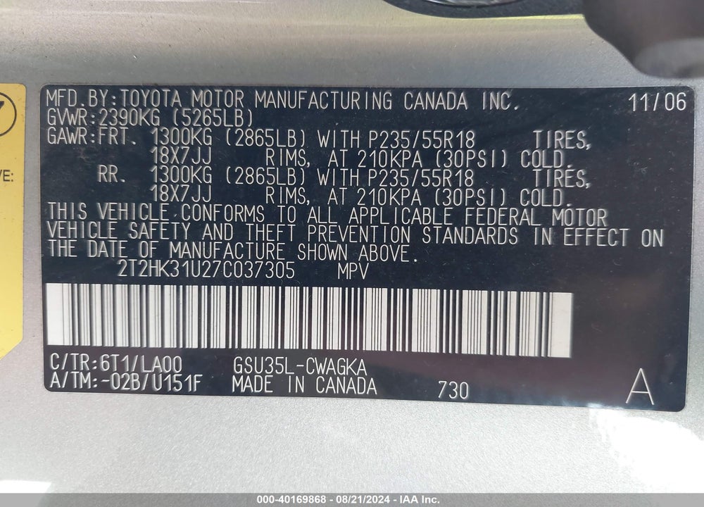 2007 LEXUS RX 350 VIN: 2T2HK31U27C037305