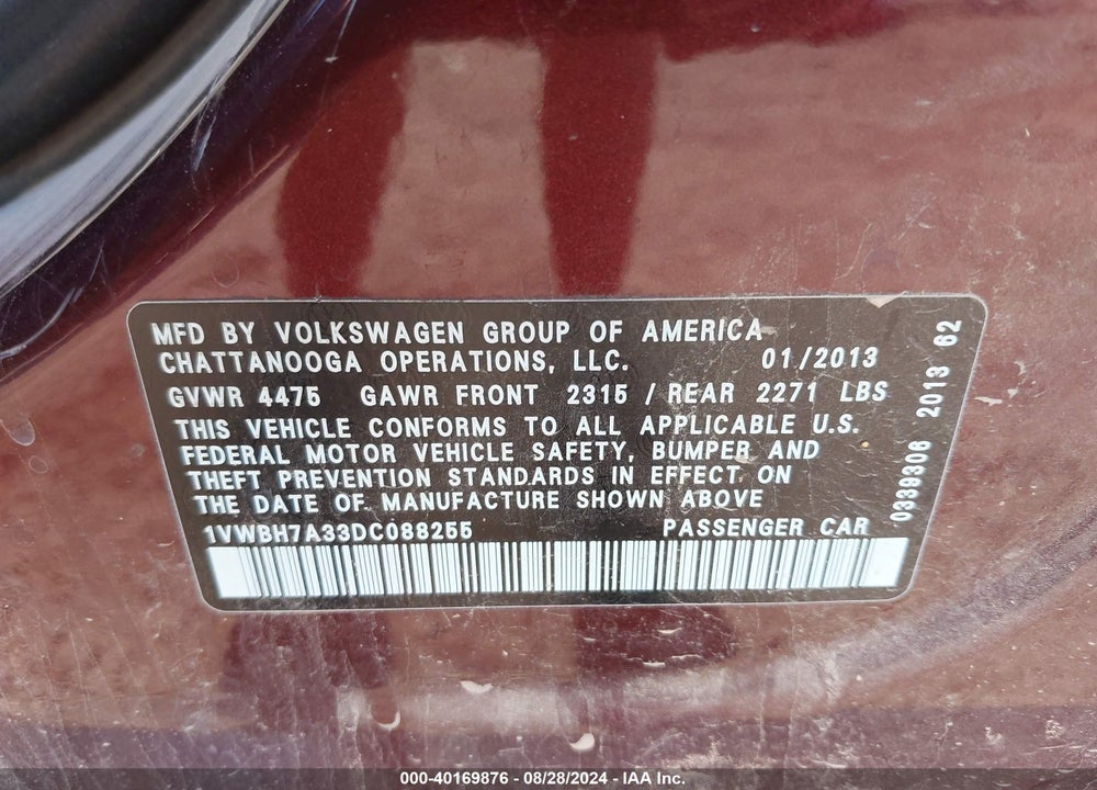 2013 VOLKSWAGEN PASSAT 2.5L SE VIN: 1VWBH7A33DC088255