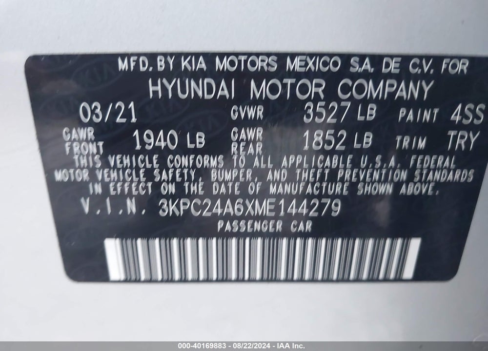 2021 HYUNDAI ACCENT SE VIN: 3KPC24A6XME144279