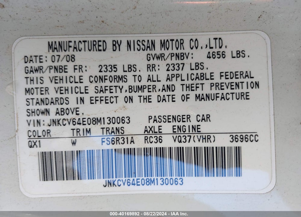 2008 INFINITI G37 SPORT VIN: JNKCV64E08M130063