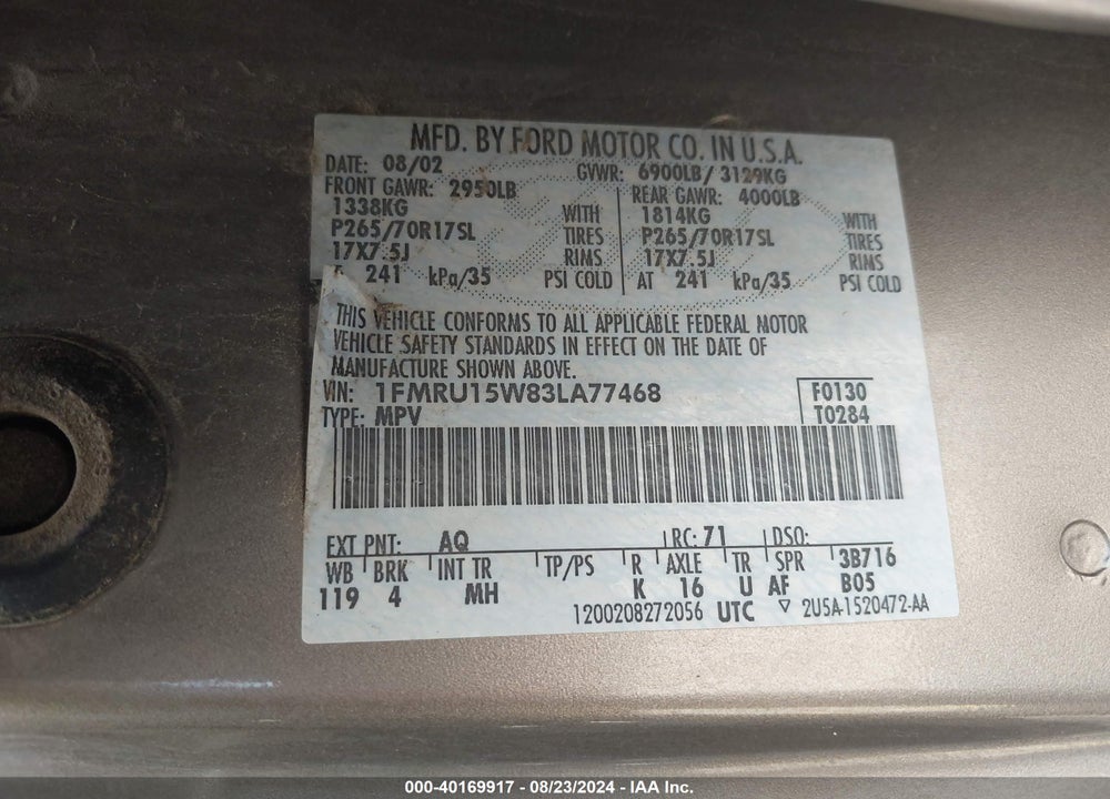 2003 FORD EXPEDITION XLT VIN: 1FMRU15W83LA77468
