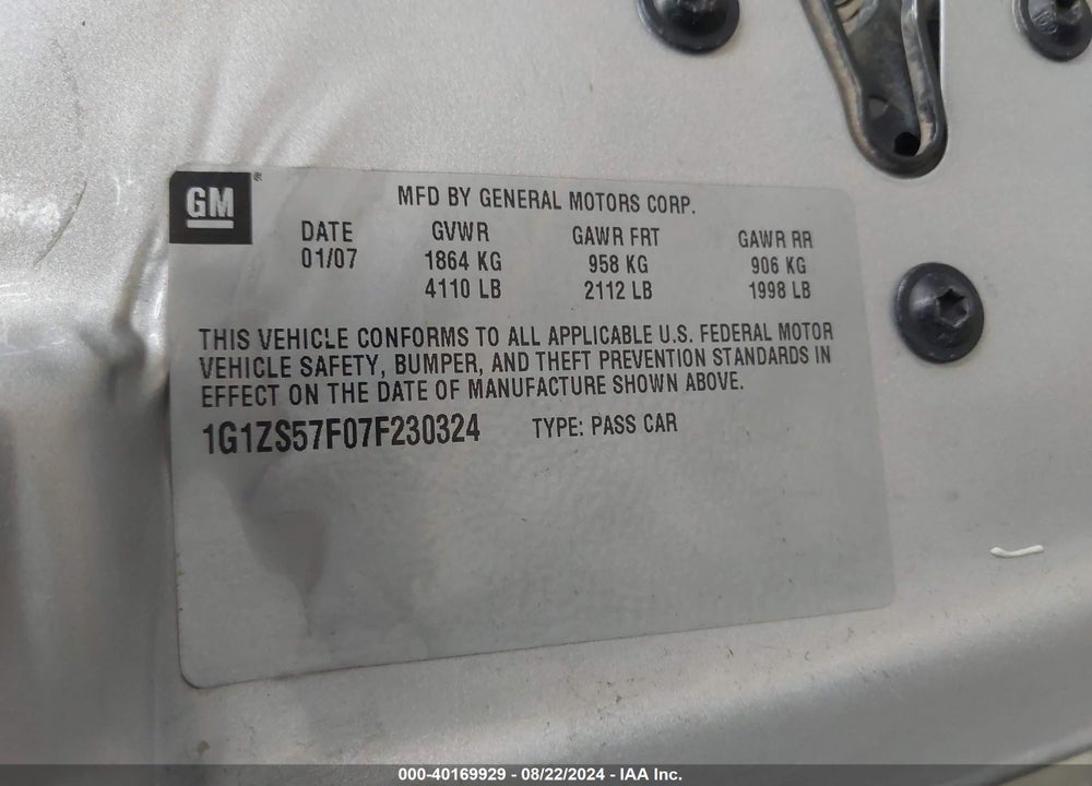 2007 CHEVROLET MALIBU LS VIN: 1G1ZS57F07F230324