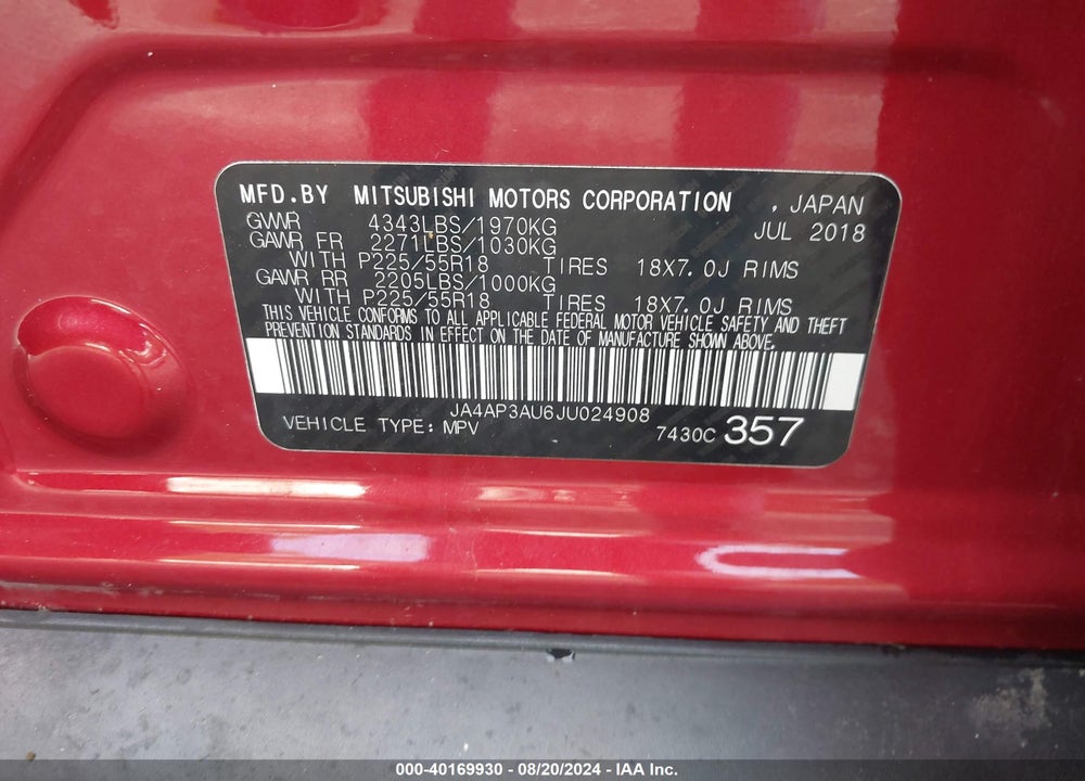 2018 MITSUBISHI OUTLANDER SPORT 2.0 ES/2.0 LE/ES 2.0 VIN: JA4AP3AU6JU024908