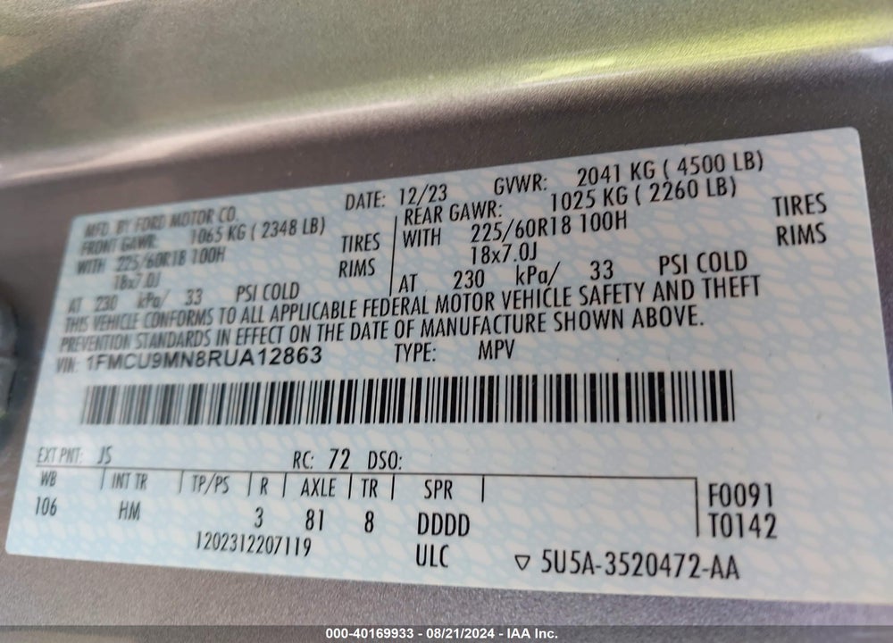 2024 FORD ESCAPE ST LINE VIN: 1FMCU9MN8RUA12863
