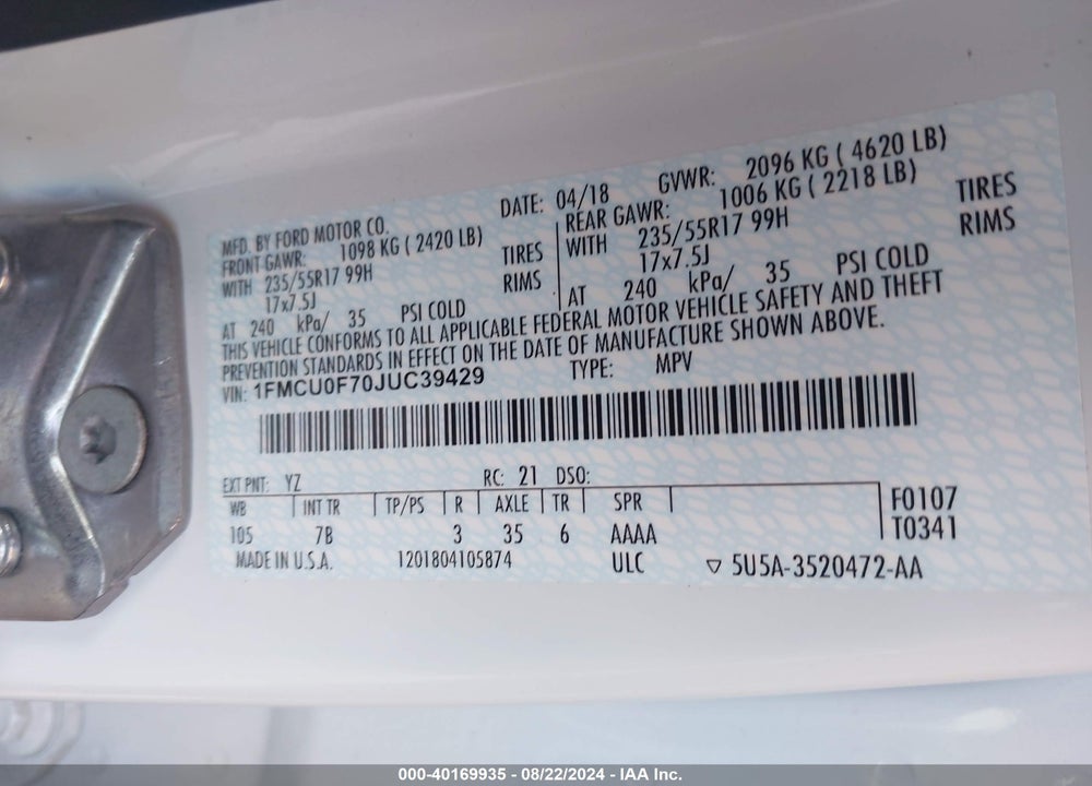 2018 FORD ESCAPE S VIN: 1FMCU0F70JUC39429
