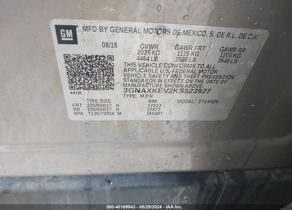 2019 CHEVROLET EQUINOX LT VIN: 3GNAXKEV2KS523927