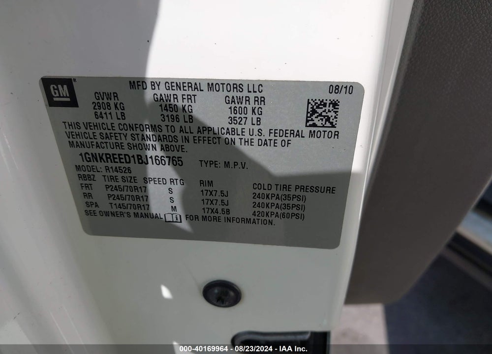 2011 CHEVROLET TRAVERSE VIN: 1GNKREED1BJ166765