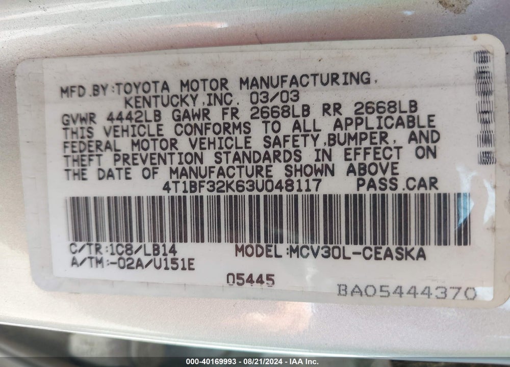 2003 TOYOTA CAMRY SE V6 VIN: 4T1BF32K63U048117